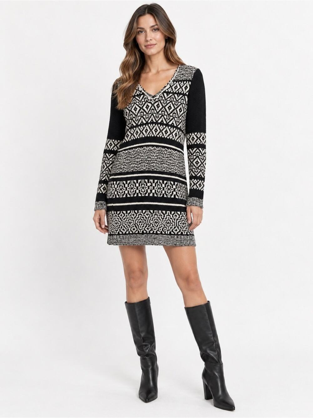 Miss Me Sweater Dress Black and White Knit V-Neck Long Sleeve Medium
